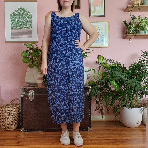 Vintage 90s Faded Glory Blue Floral Rayon Midi Tank Dress Size L - Picture 1 of 16